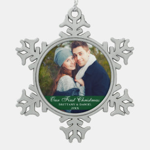 Our First Christmas Couple Photo Green Snowflake Pewter Christmas Ornament