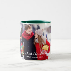 Our First Christmas Couple Photo Green White Two-Tone Coffee Mug