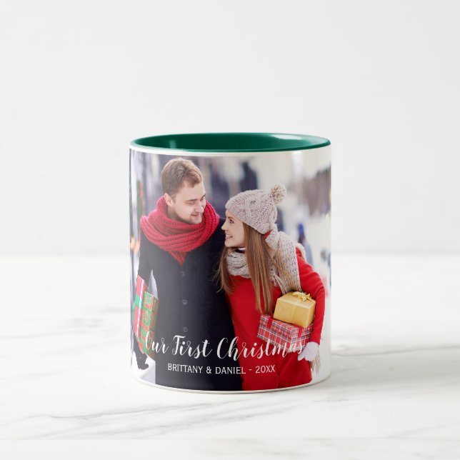Our First Christmas Couple Photo Green White Two-Tone Coffee Mug (Center)