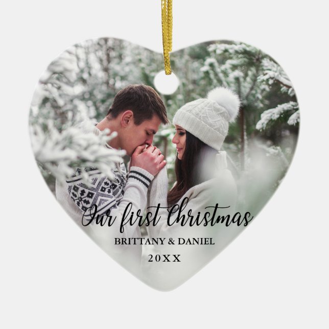 Our First Christmas Couple Photo Heart Ceramic Tree Decoration (Front)