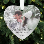 Our First Christmas Couple Photo Heart S Ornament<br><div class="desc">Elegant Our First Christmas Couple Photo Heart Ornament - Silver Snowflake Back</div>