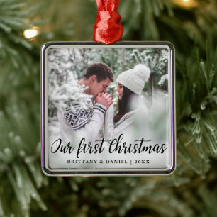 Our First Christmas Couple Photo Metal Tree Decoration