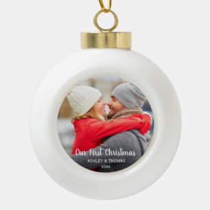 Our First Christmas Couple Photo Modern C Ceramic Ball Christmas Ornament