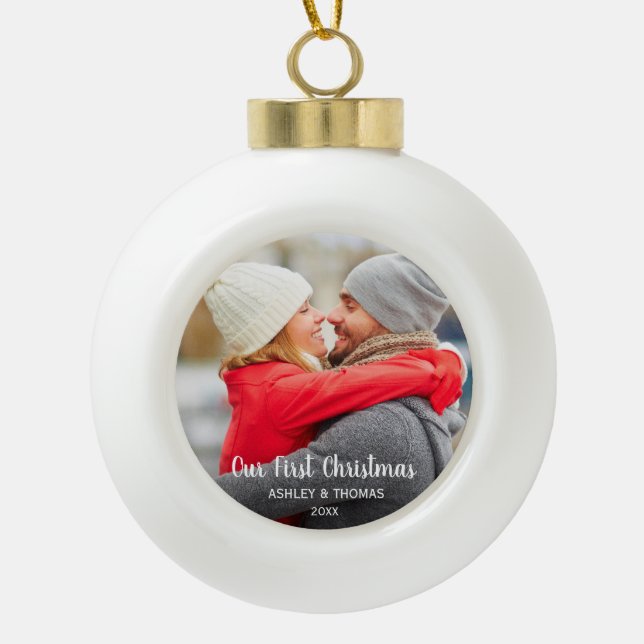 Our First Christmas Couple Photo Modern C Ceramic Ball Christmas Ornament (Front)