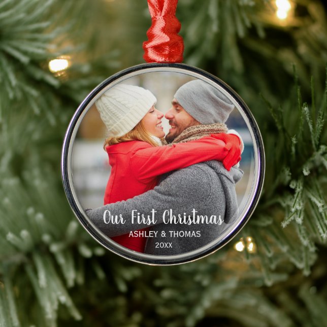 Our First Christmas Couple Photo Modern Round Metal Tree Decoration (Tree)