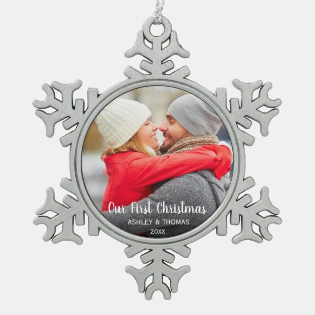 Our First Christmas Couple Photo Modern SF Snowflake Pewter Christmas Ornament (Front)