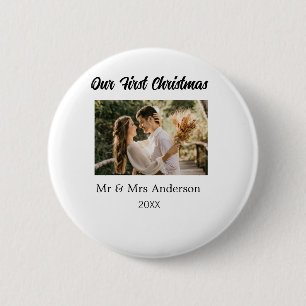Our first Christmas couple photo name Mr & Mrs mod 6 Cm Round Badge