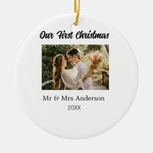 Our first Christmas couple photo name Mr & Mrs mod Ceramic Tree Decoration