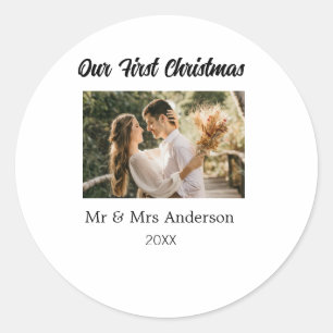 Our first Christmas couple photo name Mr & Mrs mod Classic Round Sticker