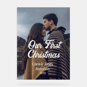 Our first Christmas couple photo name white grey Acrylic Sign