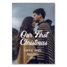 Our first Christmas couple photo name white grey