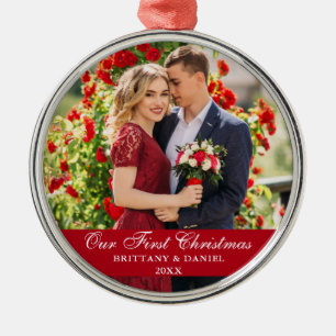 Our First Christmas Couple Photo Red Metal Tree Decoration