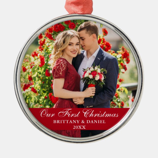 Our First Christmas Couple Photo Red Metal Tree Decoration (Front)