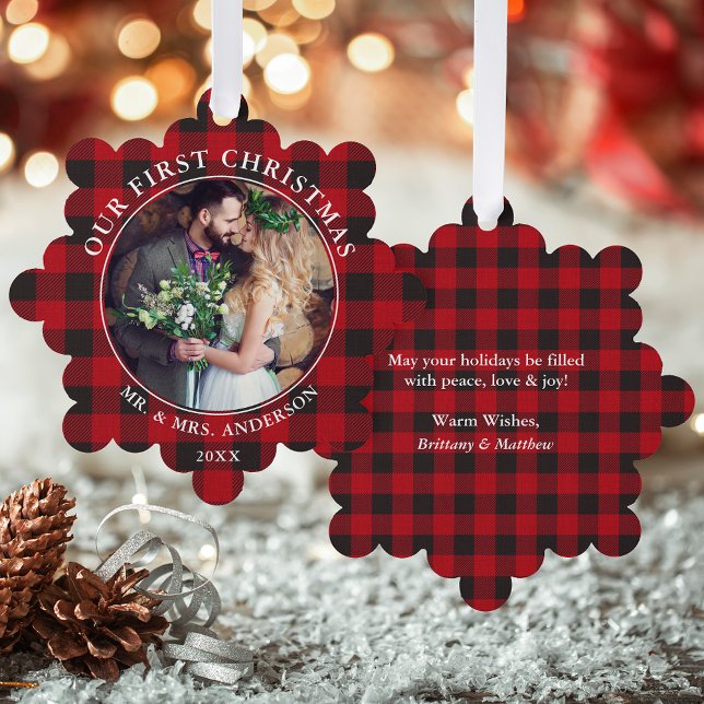 Our First Christmas Couple Photo Red Plaid Tree Decoration Card (A greeting card that is also an ornament! Customize with your photo and personalized text.)