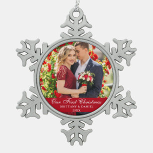 Our First Christmas Couple Photo Red Snowflake Pewter Christmas Ornament