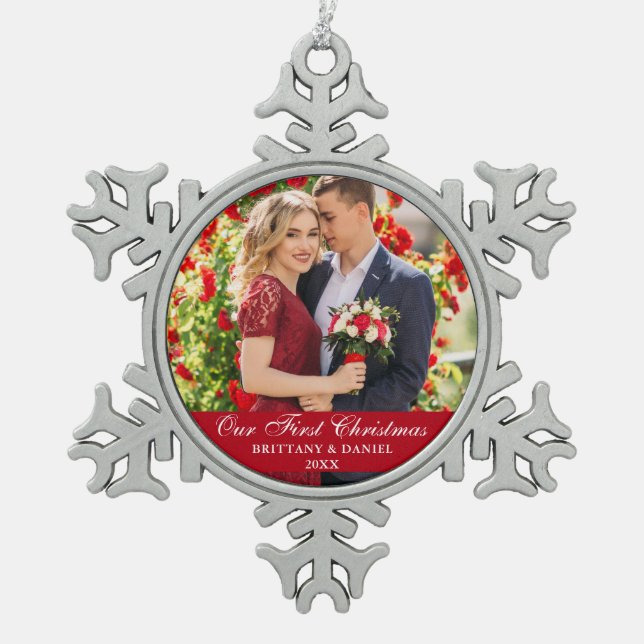 Our First Christmas Couple Photo Red Snowflake Pewter Christmas Ornament (Front)