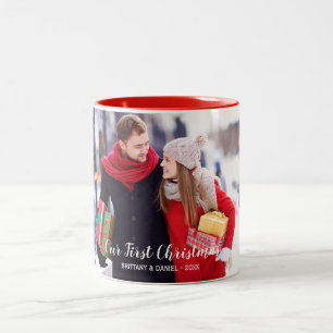 Our First Christmas Couple Photo Red White Two-Tone Coffee Mug