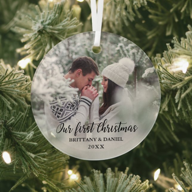 Our First Christmas Couple Photo Round Glass Tree Decoration (Insitu)