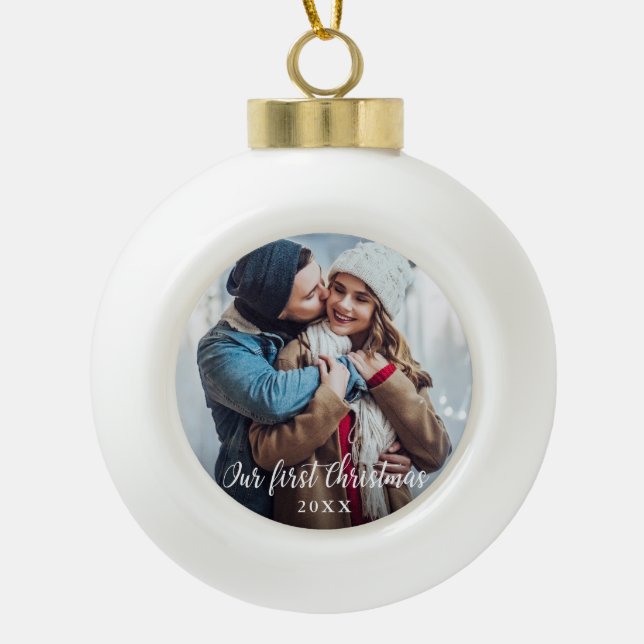 Our First Christmas Couple Photo Script Ceramic Ball Christmas Ornament (Front)