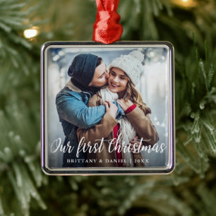 Our First Christmas Couple Photo Script Metal Tree Decoration