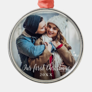 Our First Christmas Couple Photo Script Round Metal Tree Decoration