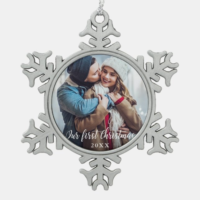 Our First Christmas Couple Photo Script Snowflake Pewter Christmas Ornament (Front)