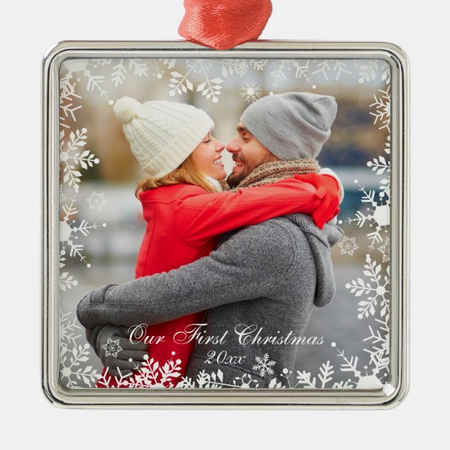 Our First Christmas Couple Photo Snowflake Border Metal Tree Decoration (Front)