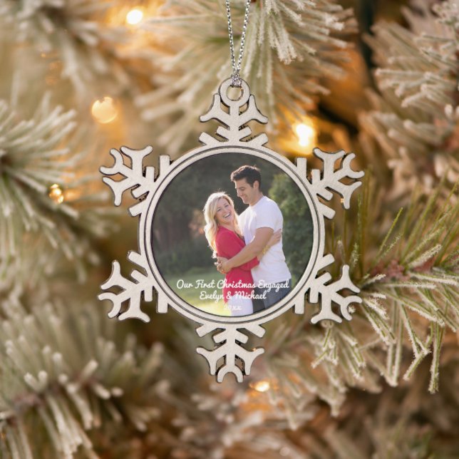 Our First Christmas Couple Photo Snowflake Pewter Christmas Ornament (Tree)