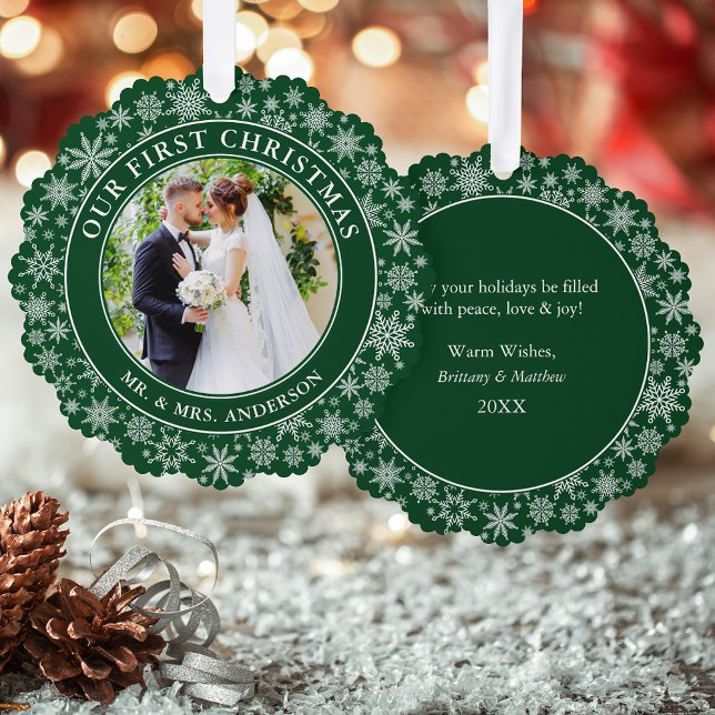 Our First Christmas Couple Photo Snowflakes Green Tree Decoration Card (A greeting card that is also an ornament! Customize with your photo and personalized text.)