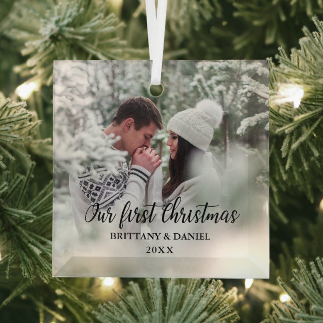 Our First Christmas Couple Photo Square Glass Tree Decoration (Insitu)