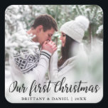 Our First Christmas Couple Photo Square Sticker<br><div class="desc">Our First Christmas Couple Photo Sticker</div>