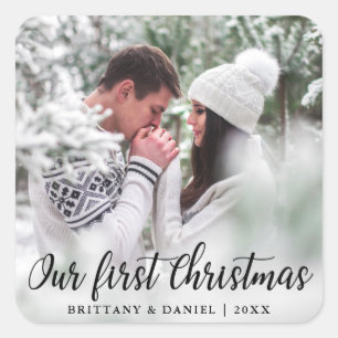 Our First Christmas Couple Photo Square Sticker