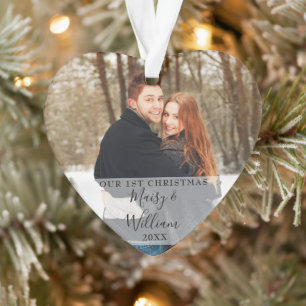 Our First Christmas Couple Photos Script Heart Ornament