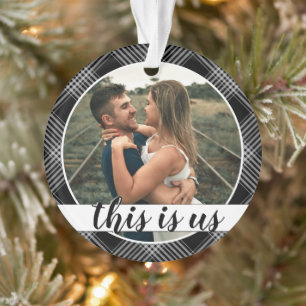 Our First Christmas Couple's Photo Black Plaid Orn Ornament