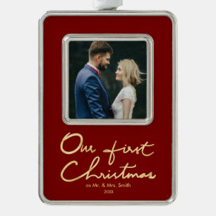 Our First Christmas Custom Hand lettered Photo Silver Plated Framed Ornament