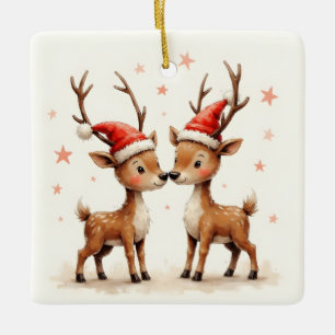 Our First Christmas Cute Reindeer in Santa Hats Ceramic Ornament