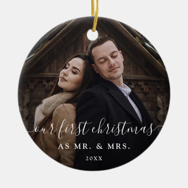 Our First Christmas | Cute Rustic Script and Photo Ceramic Tree Decoration (Front)