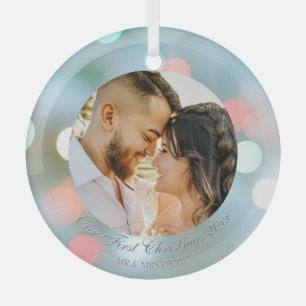 Our First Christmas DIY Names Date Photo Grey Text Glass Tree Decoration
