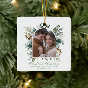 Our First Christmas Dried Botanical Photo Ceramic Ornament