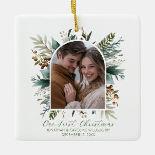 Our First Christmas Dried Botanical Two Photo Ceramic Ornament