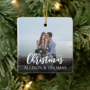 Our First Christmas Elegant Photo Simple Wedding Ceramic Ornament
