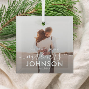 Our First Christmas Elegant Script Mr and Mrs Glass Tree Decoration