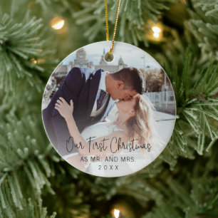 Our First Christmas Elegant Script Newlywed Photo Ceramic Tree Decoration