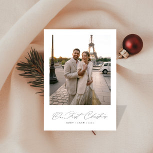 Our First Christmas Elegant Script Newlywed Photo Holiday Card