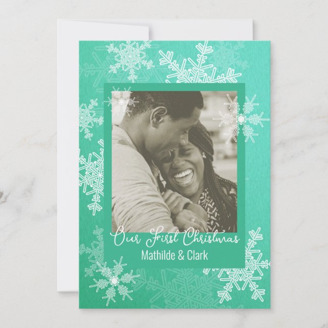 Our First Christmas Emerald Snowflakes Minimalist  Holiday Card (Front)