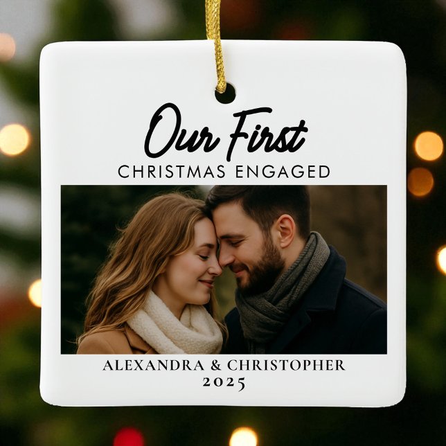 Our First Christmas Engaged 2025 Minimal Modern Ceramic Ornament (Creator Uploaded)