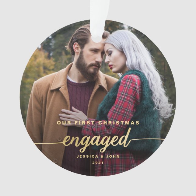 Our First Christmas Engaged 2 Photo Gold Font Ornament (Front)