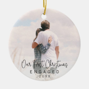 Our First Christmas Engaged Black Script Photo Ceramic Tree Decoration