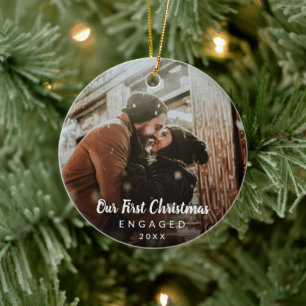 Our First Christmas Engaged Chalk Script Photo Ceramic Tree Decoration