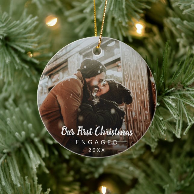 Our First Christmas Engaged Chalk Script Photo Ceramic Tree Decoration (Tree)